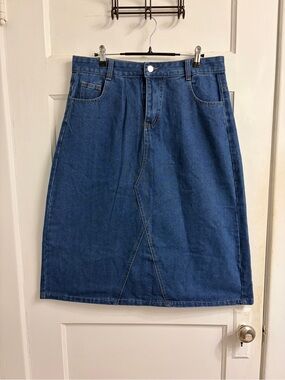 High-Rise Blue Denim Midi Skirt